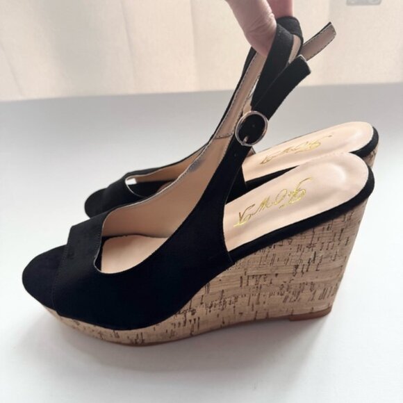 Size 9.5 Black Suede Women Peep Toe Slingback Platform Wedge Sandals High Heel - Picture 4 of 13